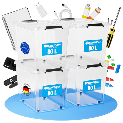 ATHLON TOOLS Aufbewahrungsboxen 4x 80L Transparent - Lebensmittelecht. Rechteckige, stapelbare Boxen zur Lebensmittel- & Werkzeuglagerung.