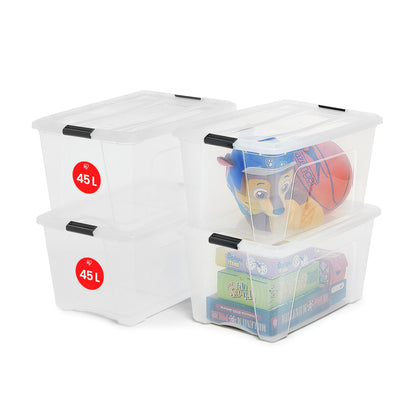 Iris Ohyama Aufbewahrungsbox mit Deckel, 45 L, 4er-Set, transparent – stapelbar, aus Kunststoff