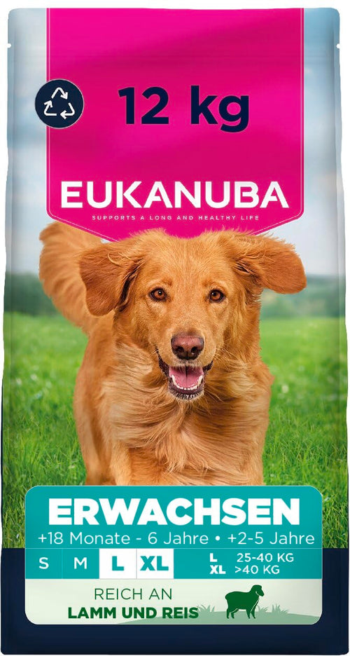 Eukanuba Trockenfutter mit Lamm und Reis für grosse Rassen 12 kg, sechseckige Kroketten