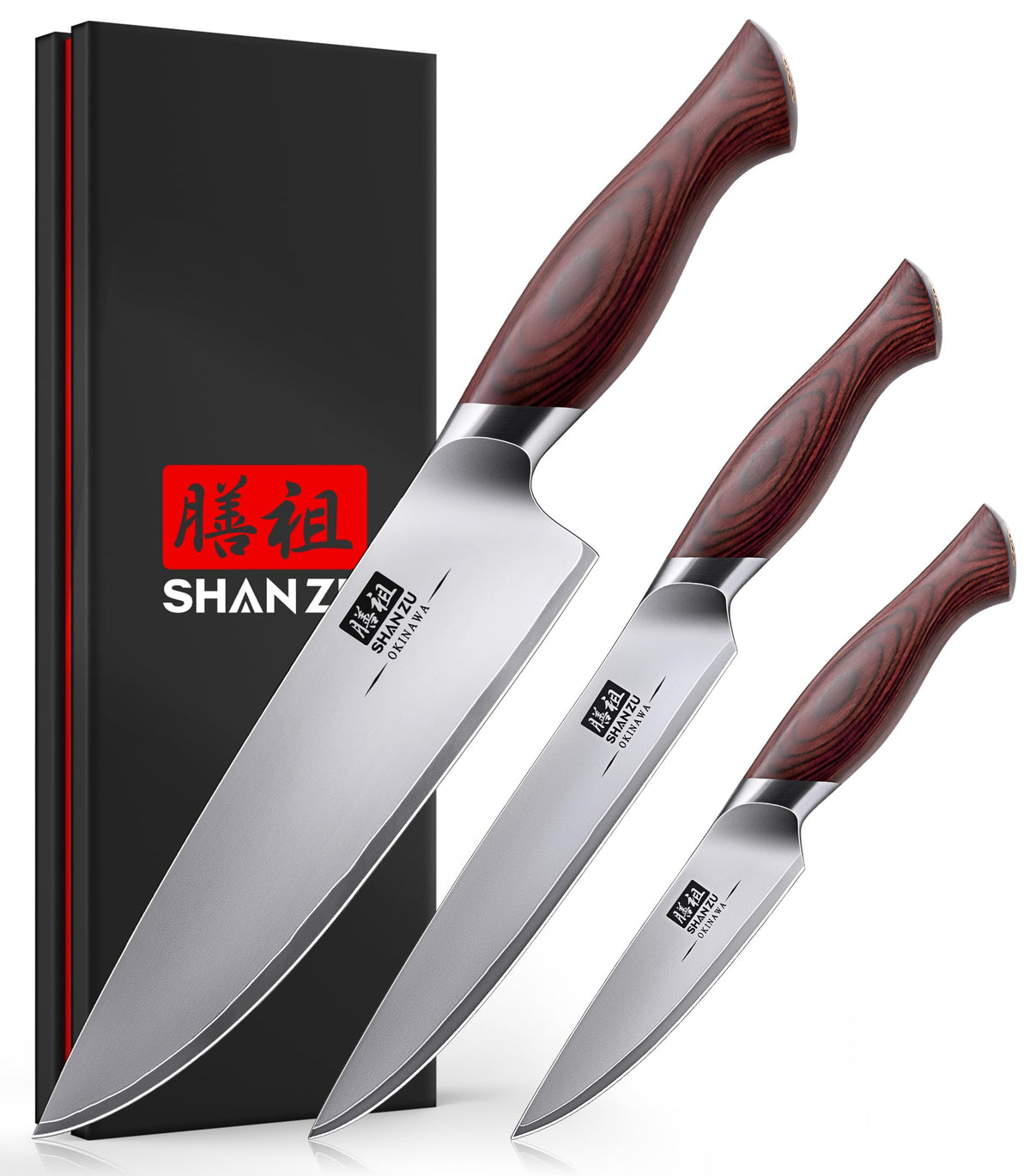 SHAN ZU OKINAWA Messerset 3-teilig - japanische Kochmesser. Drei Klingen aus Damaststahl, schwarze Pakkaholzgriffe. Zum präzisen Schneiden & Zerlegen.