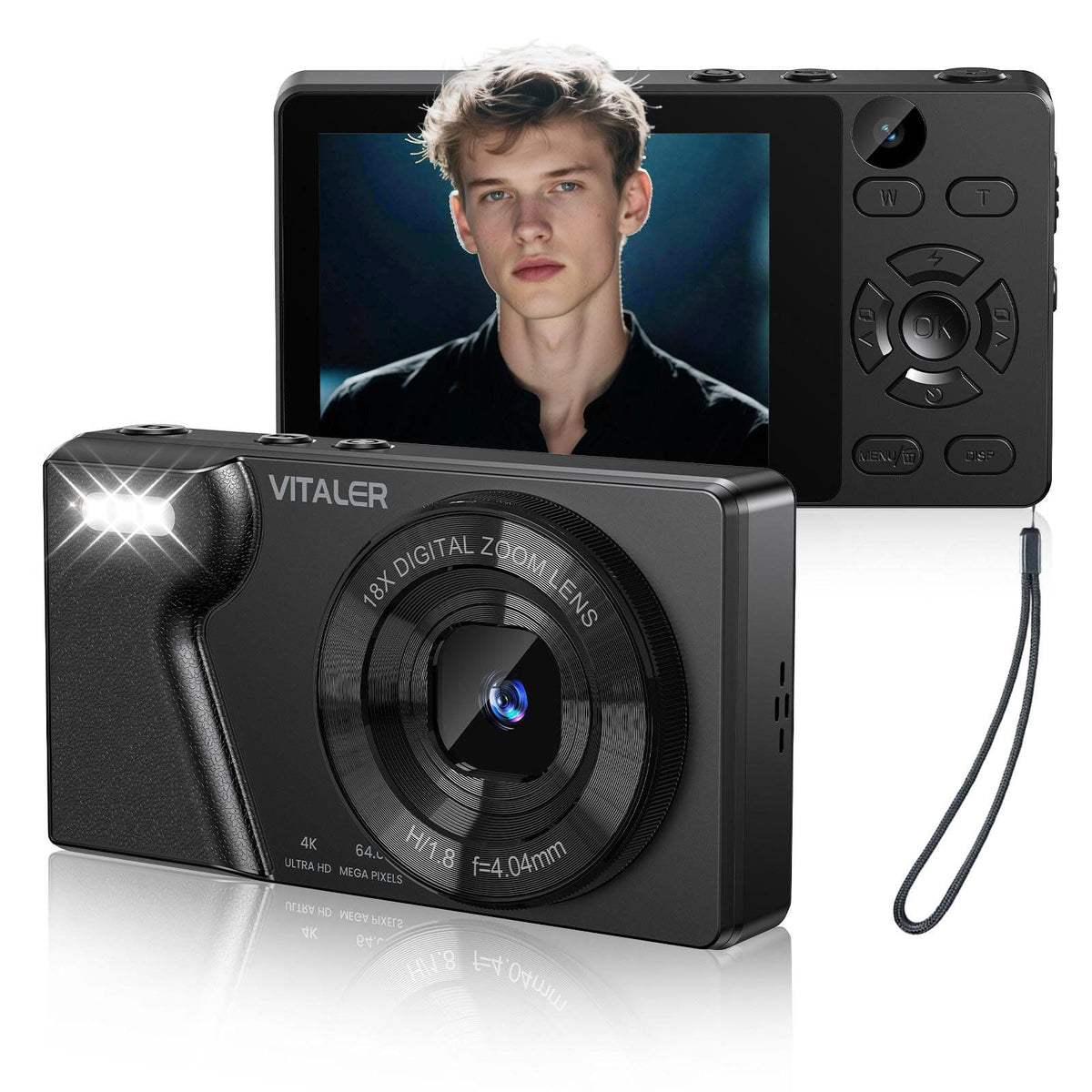 Vitaler A61 Digitalkamera 64MP 4K Kompaktkamera mit Doppelobjektiv in Schwarz, Gehäuse aus Zinklegierung