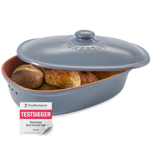 Römertopf Brottopf MAXI Brotbehälter – oval blau-grau. Hält Brot länger frisch.