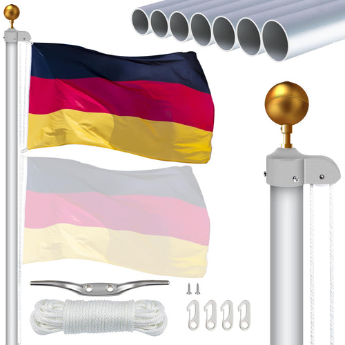 NQ Fahnenmast Set 6 m, Aluminium, höhenverstellbar, silber, mit goldener Kugel und Nylonseil