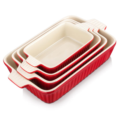 MALACASA Bake.Bake Auflaufform-Set 4-teilig Keramik Rot, vier rechteckige Formen mit Griffen und glänzender Glasur