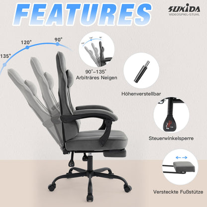 SUKIDA Gaming Stuhl aus Stoff mit Fussstütze, ergonomisch, grau