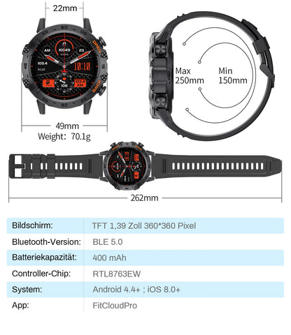 LIGE Smartwatch BW1846A Herren mit Telefonfunktion, 1,39 Zoll, schwarz