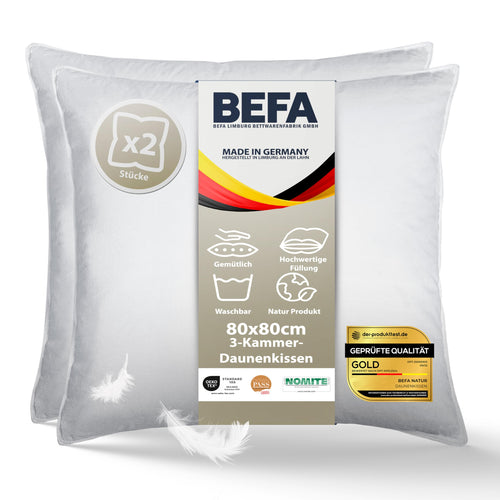 BEFA NATUR Daunenkissen 3-Kammer Kopfkissen 80x80 cm (2er Set), weiß, quadratisch. Unterstützt den Kopf im Schlaf.