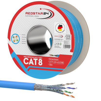CAT 8.1 Verlegekabel Netzwerkkabel Halogenfrei – 100m Rolle. Schwarzes Kabel auf Spule für stabile Datenübertragung in Ethernet-Netzwerken.