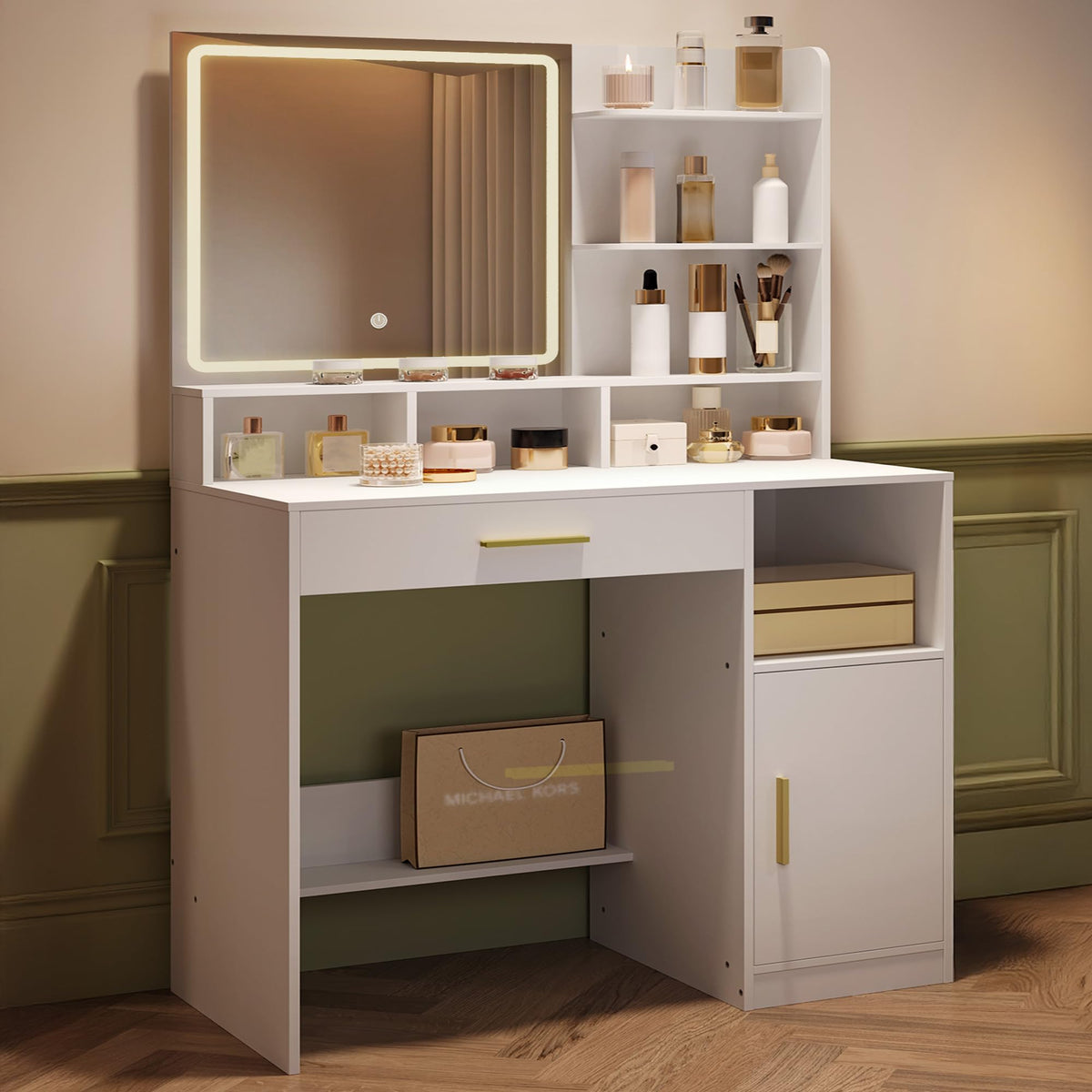 Hzuaneri Schminktisch mit Spiegel und LED-Beleuchtung, weiss, goldene Griffe, Schublade, Schrank und offene Ablagen