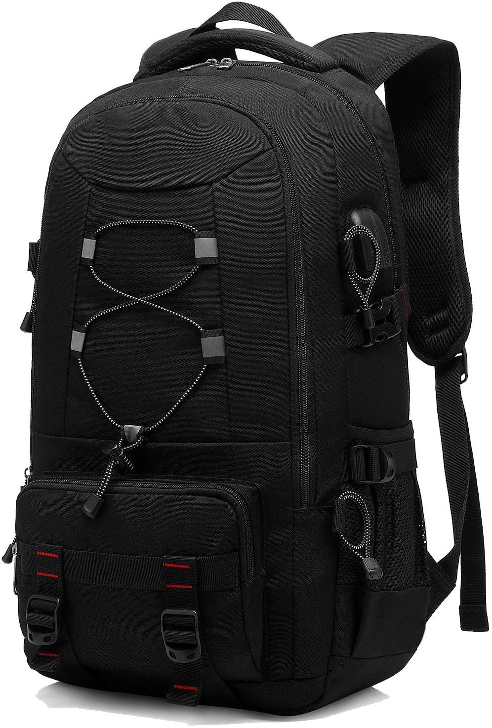 Besttravel Reiserucksack 45 L mit Laptopfach, wasserdicht, schwarz – Nylon, zehn Fächer, USB-Ladeanschluss für Camping