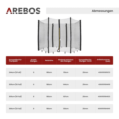 Arebos Trampolin Randabdeckung mit Netz 305 cm für 6 Stangen