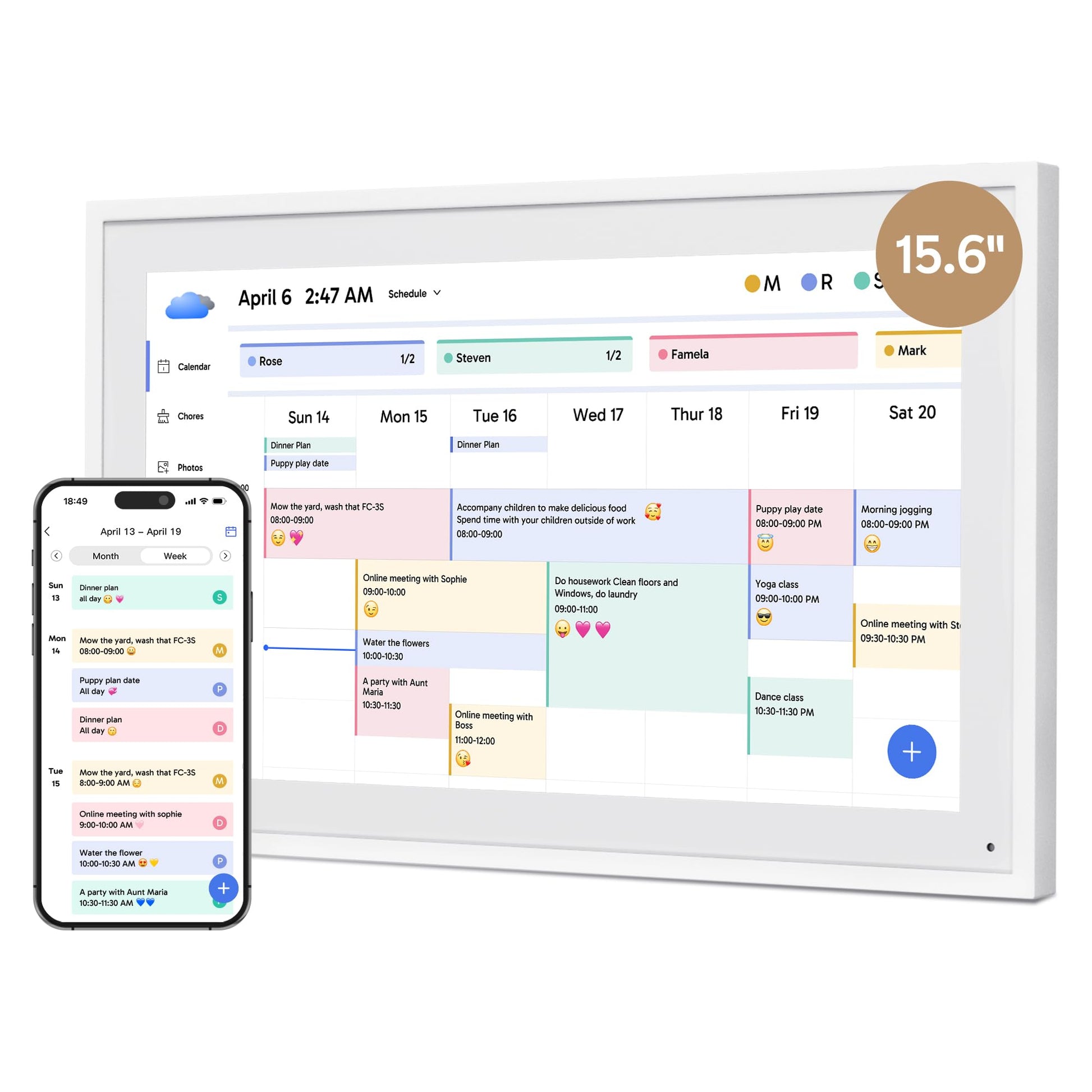 Dragon Touch 15.6" FHD Touchscreen Digitaler Wandkalender - Weiss. Weißes, rechteckiges Gerät für digitale Kalenderanzeige an der Wand.
