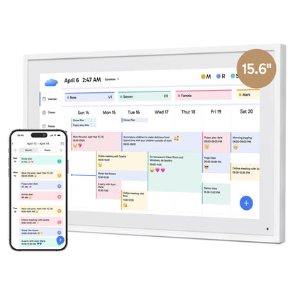 Dragon Touch 15.6" FHD Touchscreen Digitaler Wandkalender - Weiss. Weißes, rechteckiges Gerät für digitale Kalenderanzeige an der Wand.