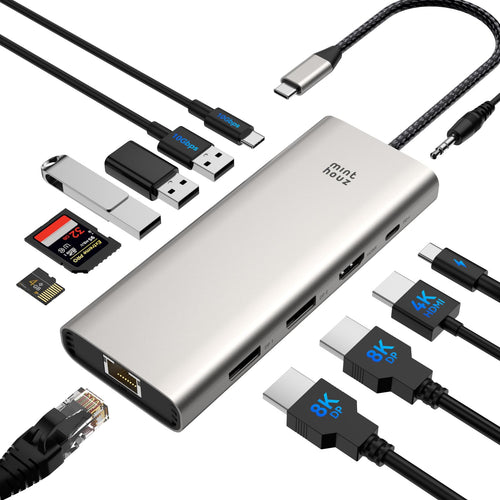 Minthouz USB C Docking Station 12-in-1 Triple Monitor Dual DP HDMI. Schwarze, rechteckige Station erweitert USB-C Laptops für drei Monitore (DP, HDMI).