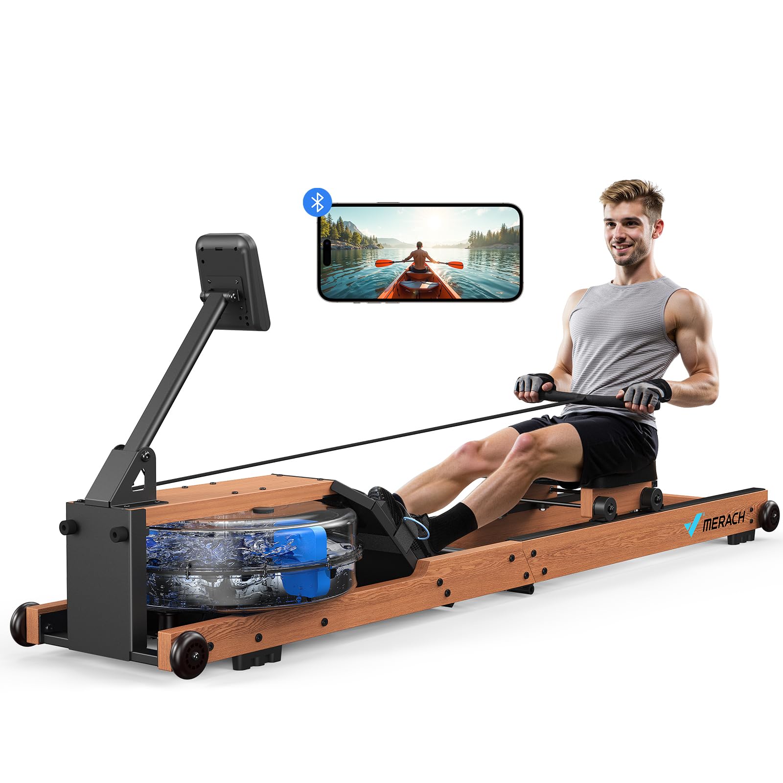 MERACH R28 Wasser Rudergerät Holz für Heimfitness – Faltbar. Faltbares braunes Holz-Rudergerät mit Wassertank für Ganzkörpertraining zu Hause.