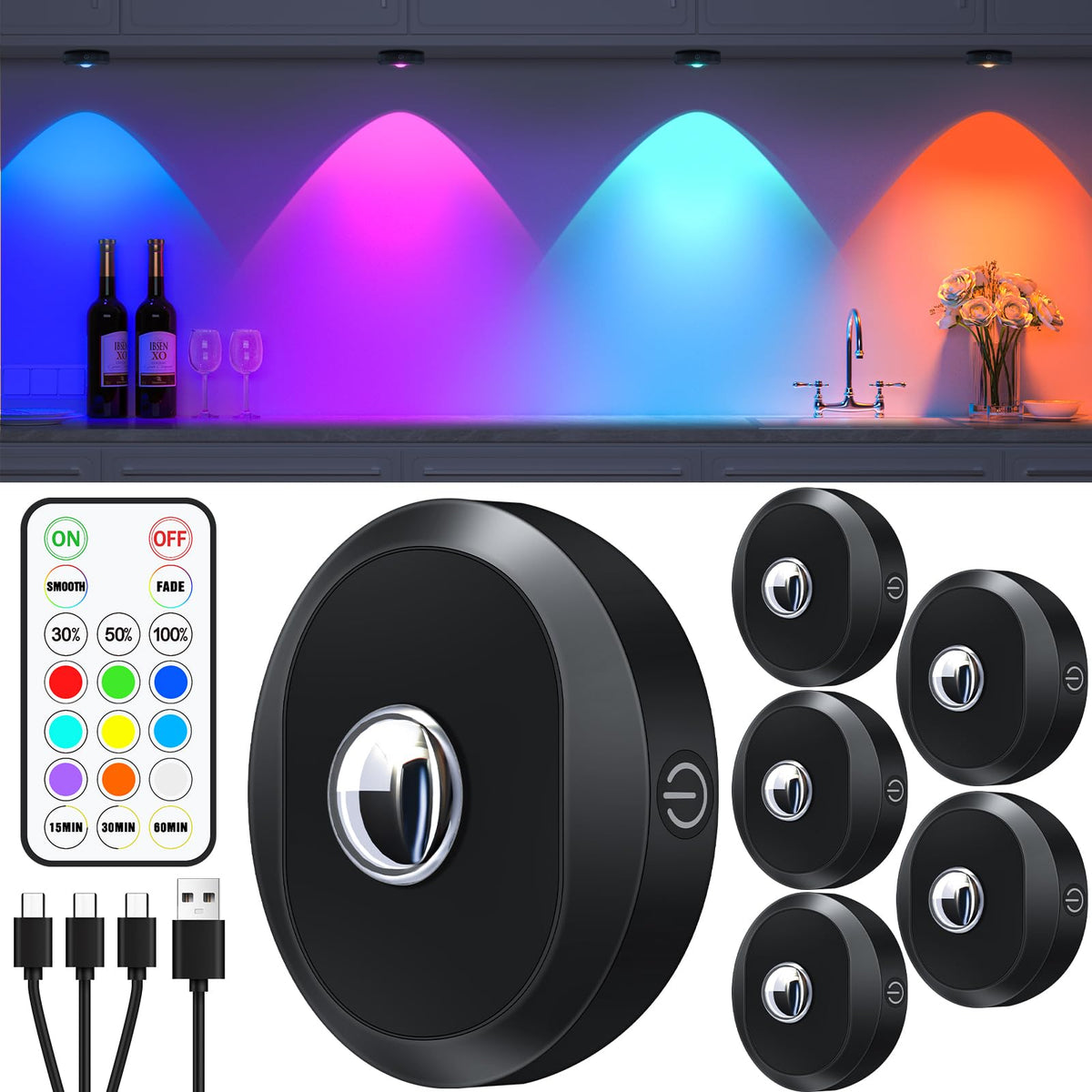 WILLED RGB LED Schrankbeleuchtung, Akku Unterbauleuchte, 6er Pack – runde Spots mit Farbwechsel