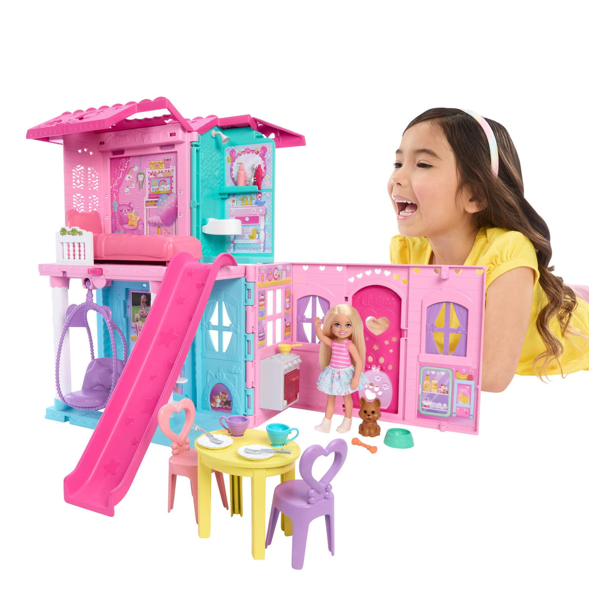 Barbie Chelsea Pop-up Puppenhaus mit Puppe, Hund und Zubehör JFW49, ausklappbar mit fünf Spielbereichen