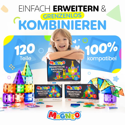 Magneo Magnetbausteine, 120-teiliges Bauset mit 2 Autos, ab 3 Jahren