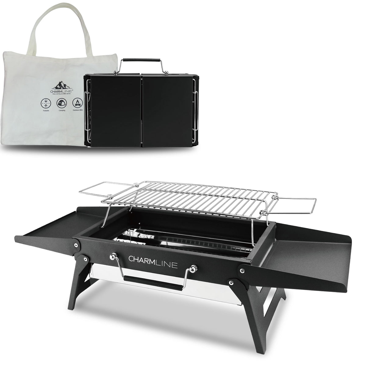 Charmline Holzkohlegrill faltbar, tragbarer Campinggrill schwarz aus legiertem Stahl