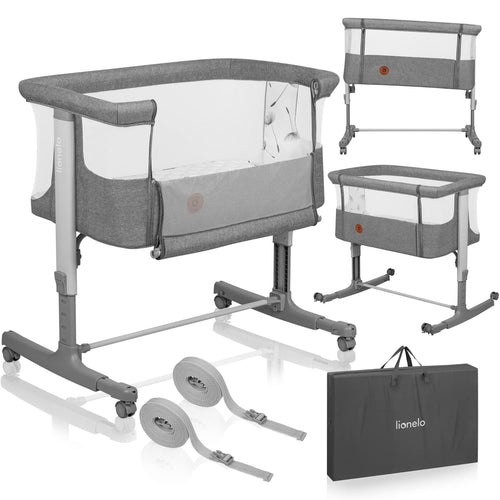 Lionelo Aurora 3-in-1 Babybett & Beistellbett – bis 9 kg. Höhenverstellbares Beistellbett mit Netzseite für sicheren Babyschlaf.