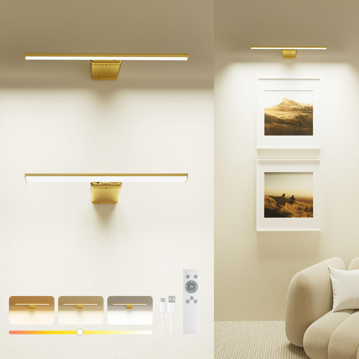 PopoIron WL13 LED Bilderleuchte kabellos mit Akku, Gold, 2 Stück – Wandleuchte für Bilder und Gemälden