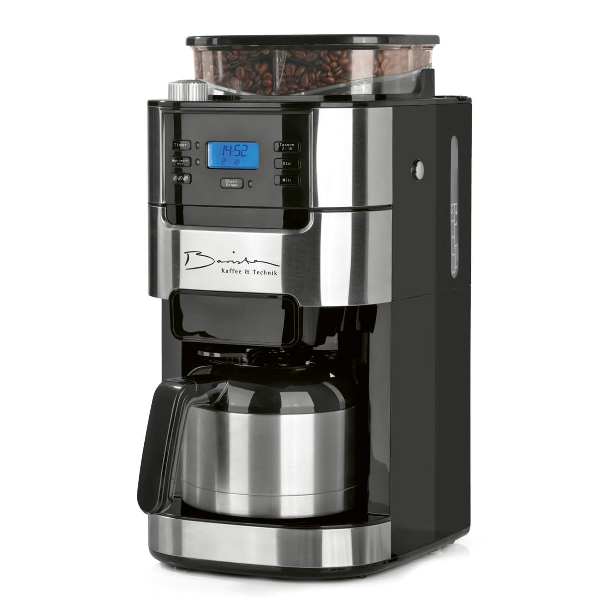 Premium Barista Filterkaffeemaschine Mahlwerk Thermokanne - Edelstahl. Rechteckig, Edelstahl. Brüht Filterkaffee aus frisch gemahlenen Bohnen in Thermokanne.