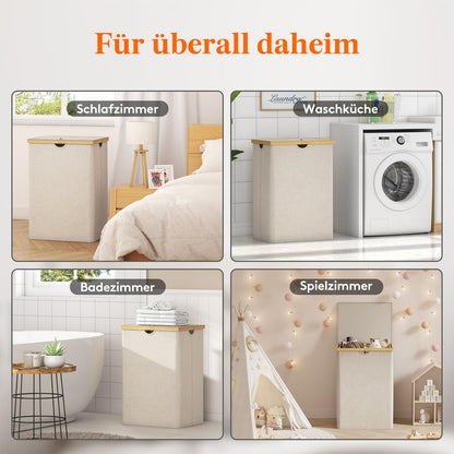 Lifewit Wäschekorb Bambus mit Deckel, 160 L, 2 Fächer, beige