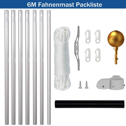 NQ Fahnenmast Set 6 m, Aluminium, höhenverstellbar, silber