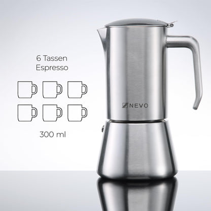 NEVO Espressokocher Induktion aus Edelstahl, 6 Tassen (300 ml)