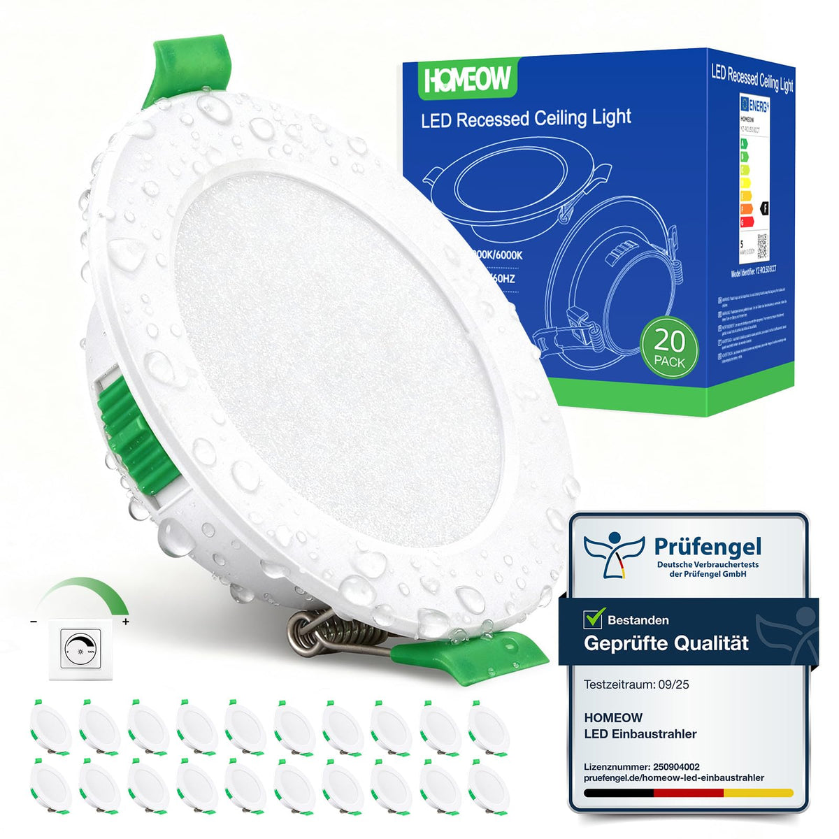 HOMEOW LED Einbaustrahler 20er Set Dimmbar 3-farbig 68mm: Rundes, dimmbares 3-farbiges LED für 68mm Deckeneinbau.