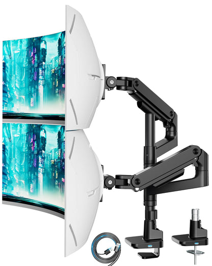 ARES WING Dual Monitorhalterung Übereinander, Gasfeder & USB-Port. Schwarze Metallhalterung mit Gasfeder für Höhenverstellung zweier Monitore.