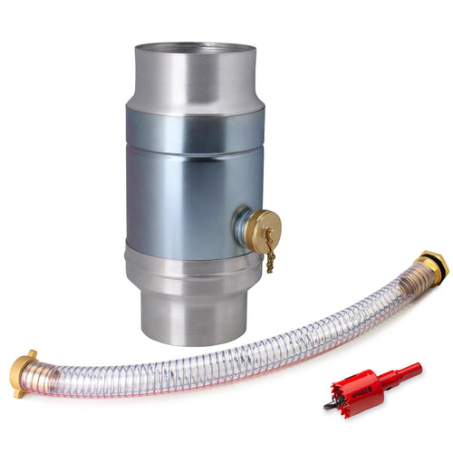 IGarden Regenwassersammler DN100 – Stahl/Alu doppelwandig, mit Schlauch. Zylindrisch. Sammelt Regenwasser aus Fallrohr für Behälter.