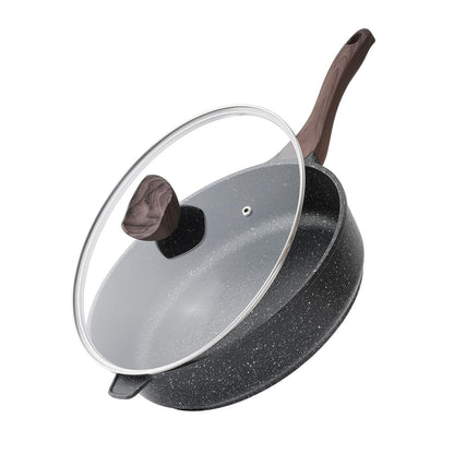 Kordisen Tiefe Bratpfanne mit Deckel 30 cm, Granitbeschichtung, Glasdeckel und Bakelit-Griff mit Holzmaserung