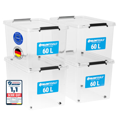 ATHLON TOOLS Aufbewahrungsboxen mit Deckel 60 l 4er-Set transparent, Kunststoff, mit Verschlussclips