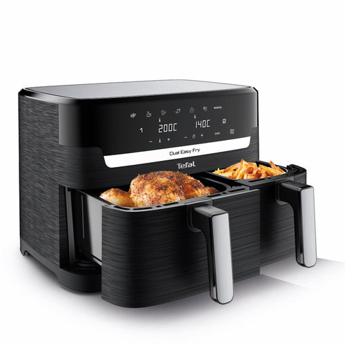Tefal Dual Easy Fry Heissluftfritteuse Doppelkammer - Schwarz EY9018. Schwarzes Gerät mit zwei Garkammern für gleichzeitiges, fettarmes Garen.