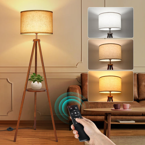 OUTON LED Stehlampe Dimmbar Dreibein Holz Regal – Braun. Zur dimmbaren Raumbeleuchtung und als Ablage.