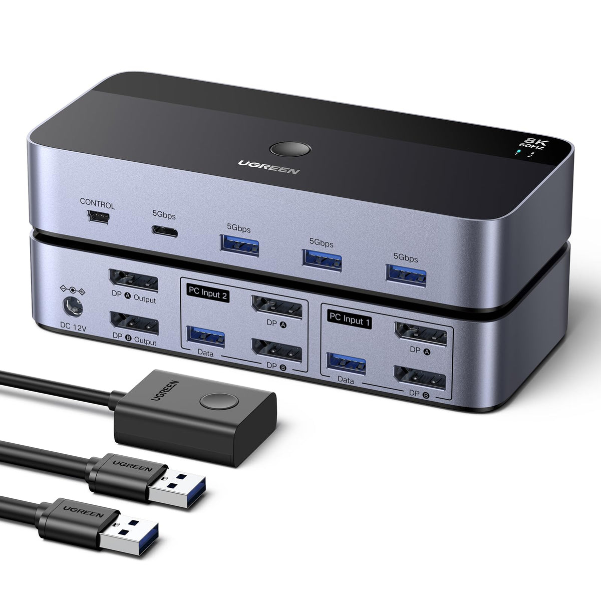 UGREEN Displayport KVM Switch - 2 PC 2 Monitore 8K60Hz: Schwarzes Gerät. Schaltet 2 PCs auf 2 Monitore und USB-Peripherie bei 8K60Hz.