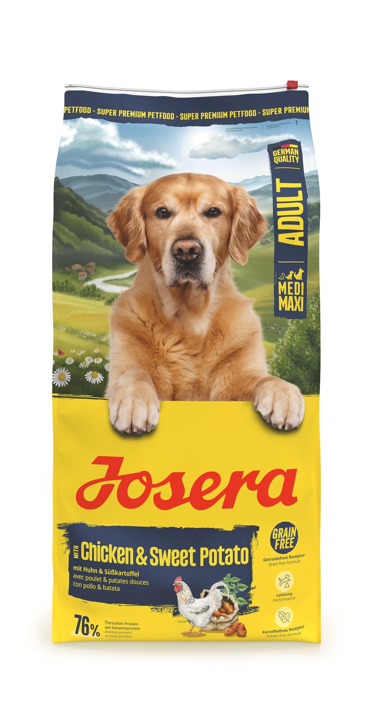 JOSERA Adult Huhn & Süsskartoffel Trockenfutter - 12,5 kg. Braune Kroketten als Alleinfuttermittel für ausgewachsene Hunde.