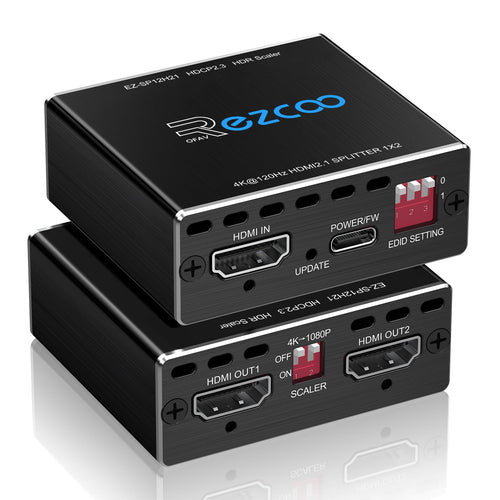 HDMI 2.1 Splitter 1x2 - 8K 60Hz 4K 120Hz VRR ALLM Scaler. Schwarzes Gerät teilt HDMI 2.1 auf zwei Displays und skaliert.