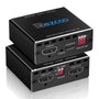 HDMI 2.1 Splitter 1x2 - 8K 60Hz 4K 120Hz VRR ALLM Scaler. Schwarzes Gerät teilt HDMI 2.1 auf zwei Displays und skaliert.