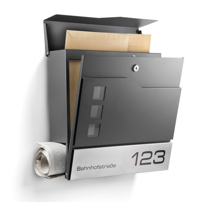 NewHabitat Wandbriefkasten Oslo Anthrazit mit Zeitungsfach und Gravur