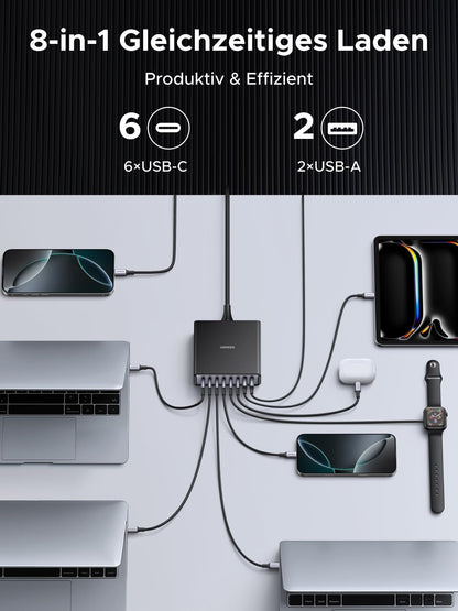 UGREEN USB C Ladegerät 200W GaN 8-Port Desktop Ladestation