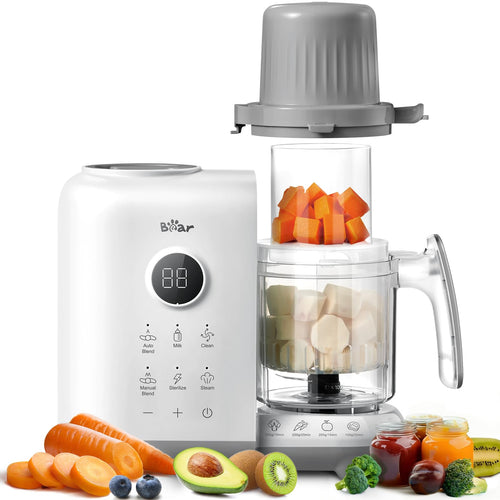 Bear 6-in-1 Babynahrungszubereiter mit Dampfgarer und Mixer, Weiss, zweischichtiger Dampfkorb