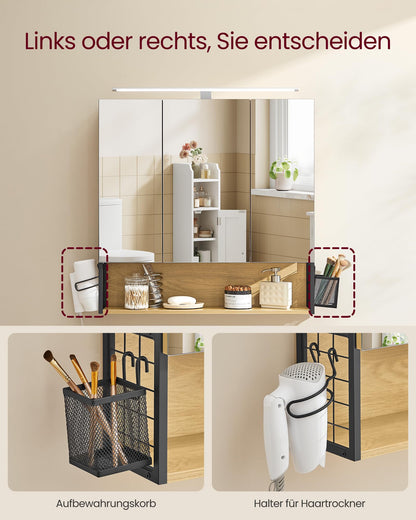 VASAGLE Spiegelschrank Bad Beleuchtung – Natureichenfarben 70x70 cm