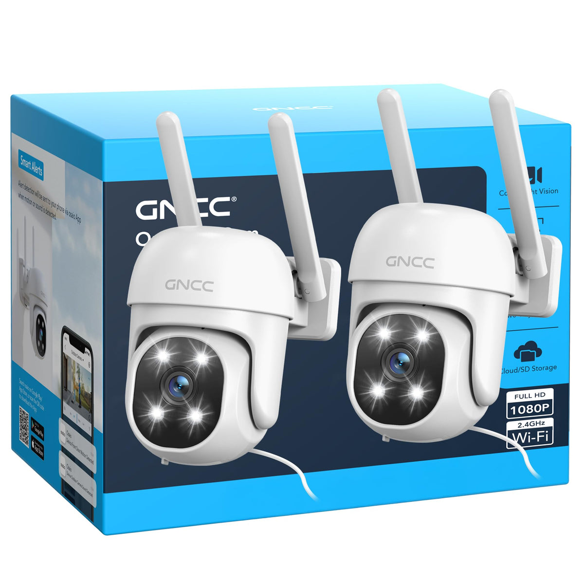 GNCC GK2-2 WLAN Überwachungskamera aussen, 1080P, IP65, 2er-Set weiss – schwenkbare Aussenkamera