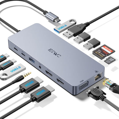 JESWO 14-in-1 USB-C Dockingstation mit 2x HDMI 4K, VGA und 100W PD – Multiport-Hub mit Ethernet und SD/TF-Kartenleser