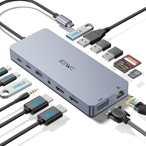 JESWO 14-in-1 USB-C Dockingstation mit 2x HDMI 4K, VGA und 100W PD – Multiport-Hub mit Ethernet und SD/TF-Kartenleser