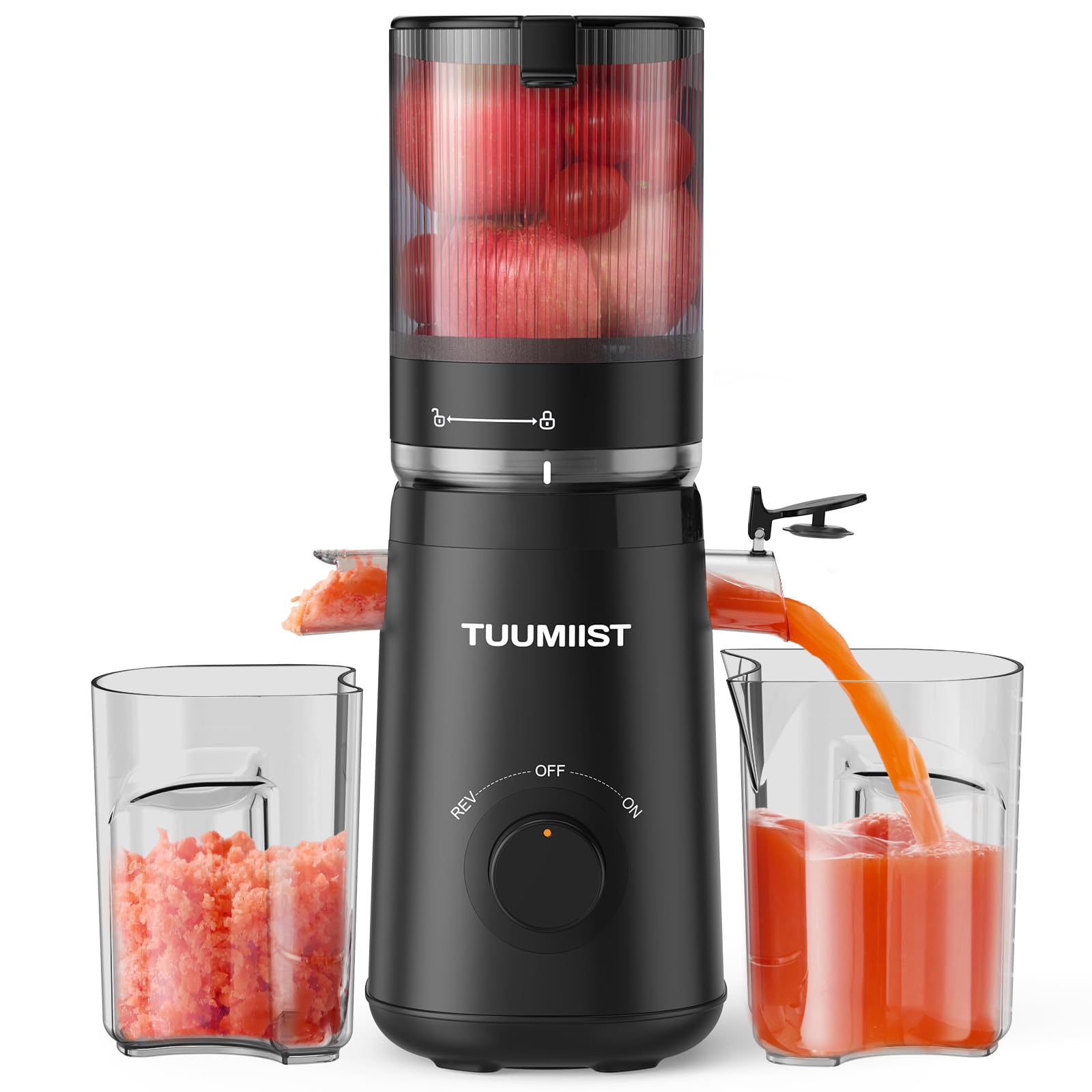 TUUMIIST Slow Juicer Entsafter. Schwarzes, vertikales Gerät mit extragrossem 135mm Einfüllschacht. Entsaftet Obst & Gemüse für frische Säfte.