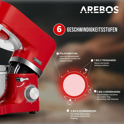 Arebos Küchenmaschine 1500 W, Knetmaschine mit 2 Schüsseln, Rot
