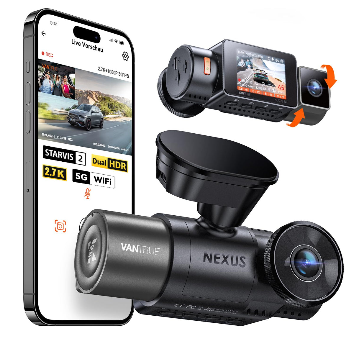VANTRUE N2X Dual Dashcam Auto vorne innen, 2.7K+1080P HDR, GPS, WiFi mit 2-Zoll-IPS-Display und drehbarer Innenkamera